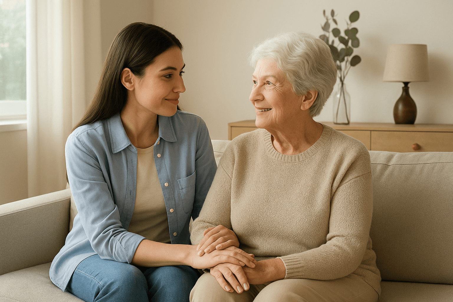 Daughter and elderly parent in a calm home setting